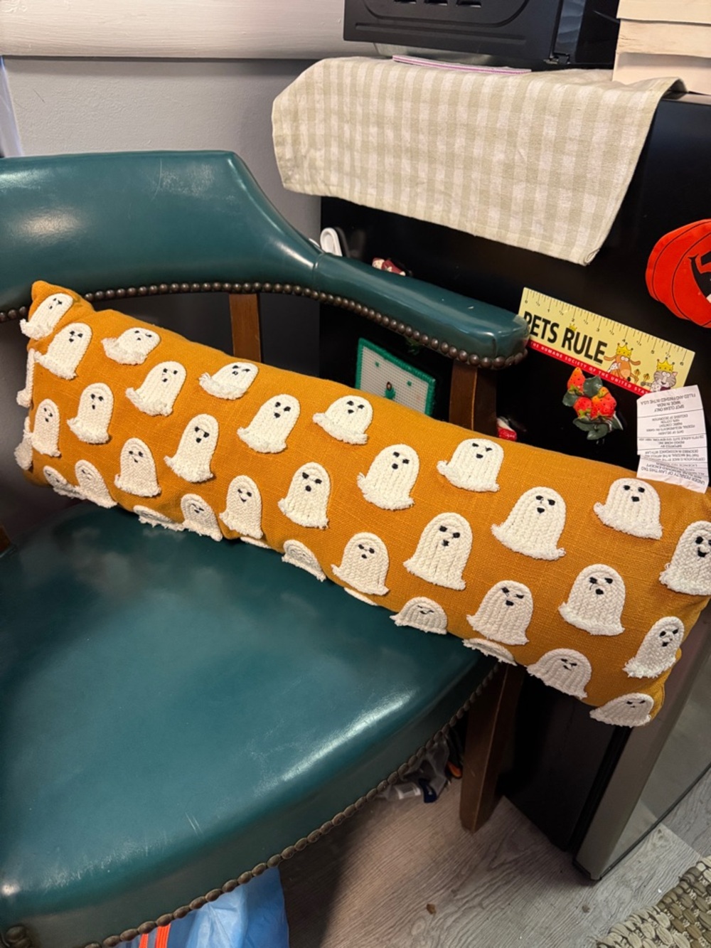 Long Mustard Pillow with White Crocheted Ghosts